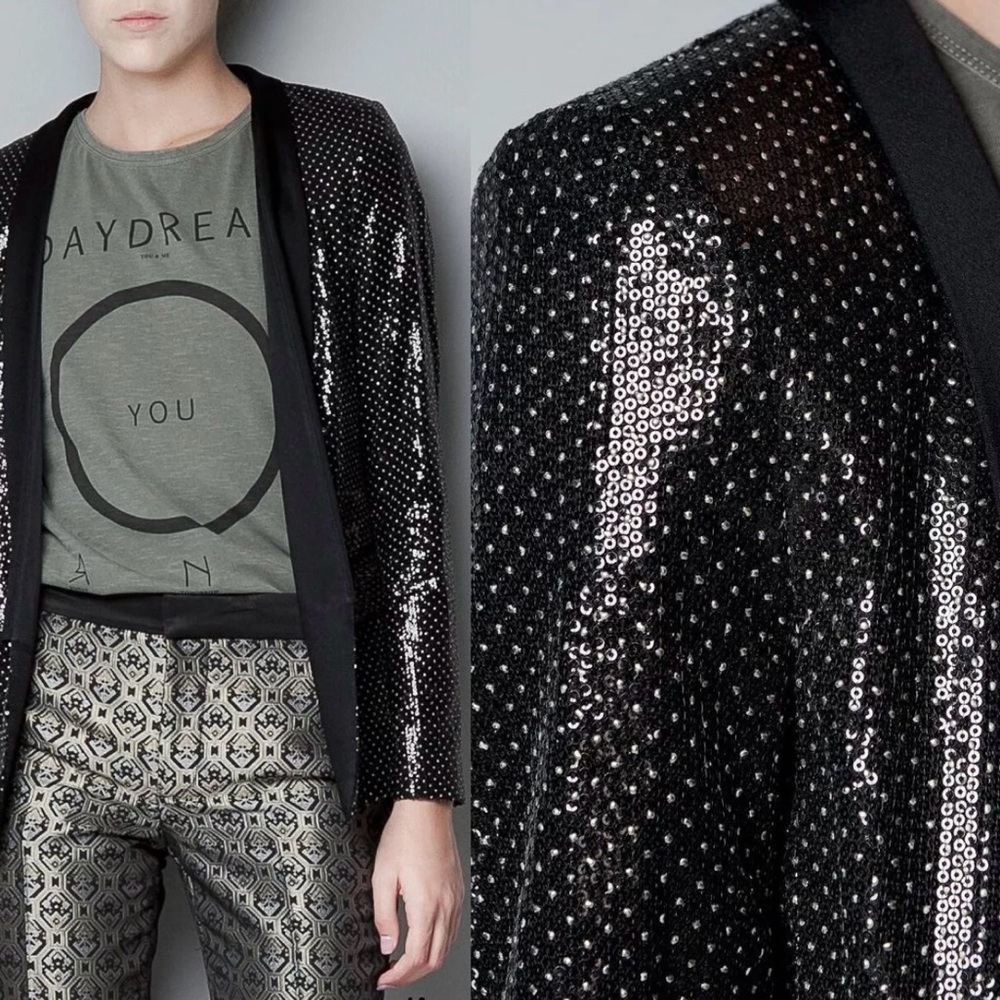 Zara Woman Gold Polka Dot Sequin Embellished Open Front Tuxedo jacket Blazer S